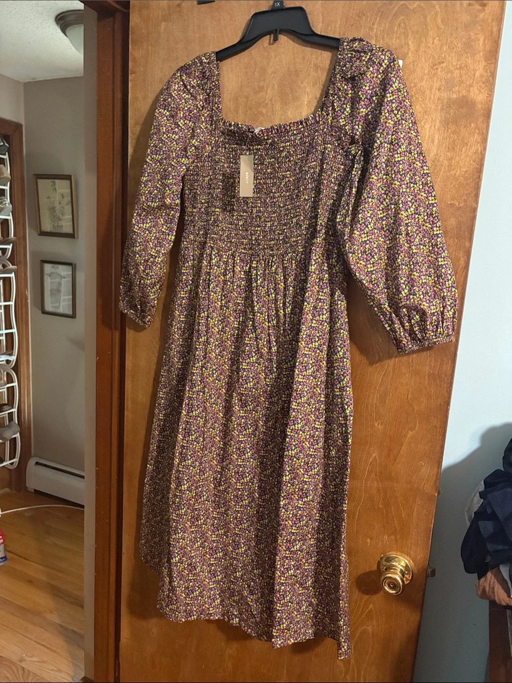 J. Crew Purple Floral Smocked Midi Dress